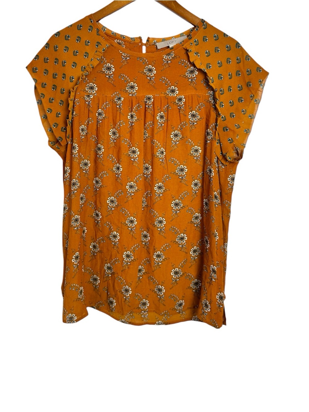 LOFT Mustard Floral Cap-Sleeve Blouse Size Large - Picture 2 of 7